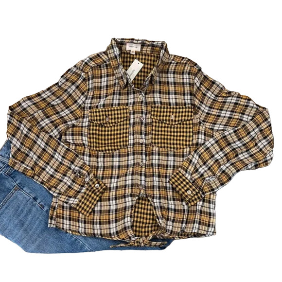 NWT Francesca's Dizzy Gal Gold/Black/White Plaid Button Down Shirt - Picture 1 of 11